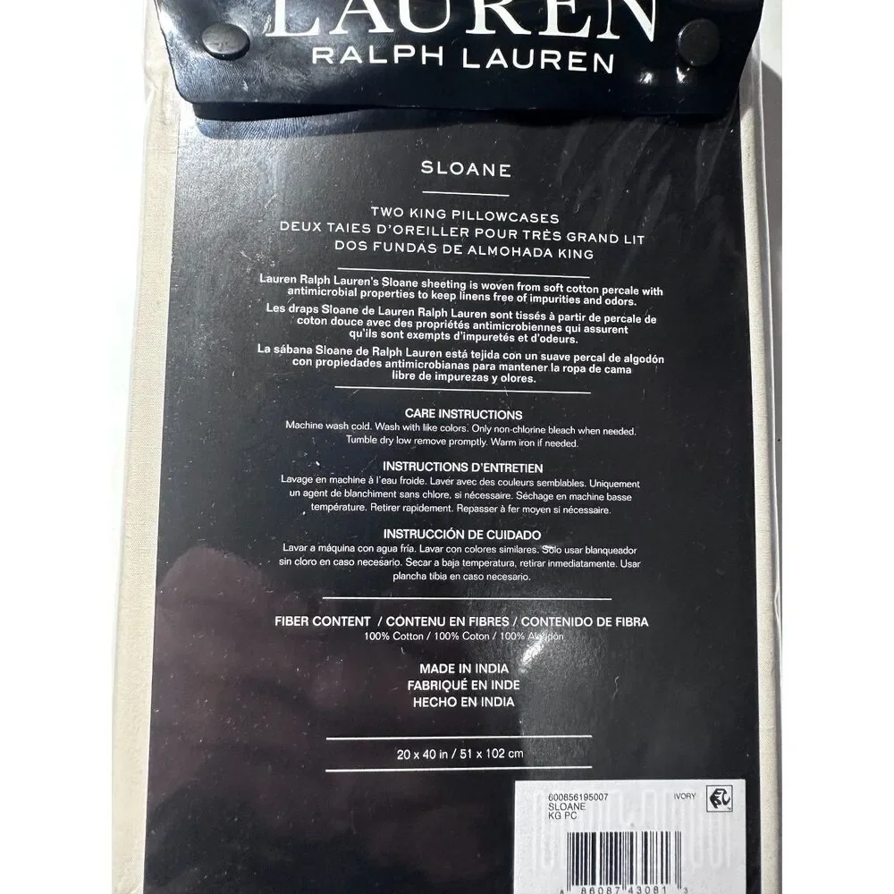 Lauren Ralph Lauren Sloane Pair KING Pillowcases Ivory 20x40 NEW